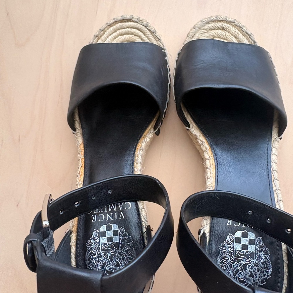 Vince Camuto Black Leather Espadrille Wedge Sandals with Ankle Strap - Picture 5 of 7